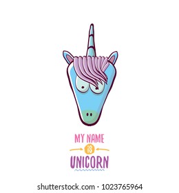 vector funny cartoon cute blue fairy unicorn head with horn isolated on white background. My name is unicorn vector concept illustration. funky hand drawn kids animal character