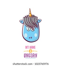 vector funny cartoon cute blue fairy unicorn head with horn isolated on white background. My name is unicorn vector concept illustration. funky hand drawn kids animal character