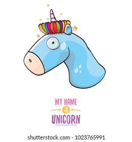 vector funny cartoon cute blue fairy unicorn head with horn isolated on white background. My name is unicorn vector concept illustration. funky hand drawn kids animal character