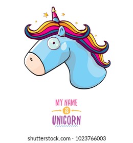 vector funny cartoon cute blue fairy unicorn head with horn isolated on white background. My name is unicorn vector concept illustration. funky hand drawn kids animal character