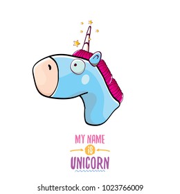 vector funny cartoon cute blue fairy unicorn head with horn isolated on white background. My name is unicorn vector concept illustration. funky hand drawn kids animal character