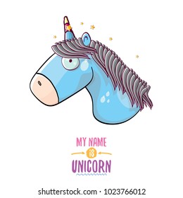 vector funny cartoon cute blue fairy unicorn head with horn isolated on white background. My name is unicorn vector concept illustration. funky hand drawn kids animal character