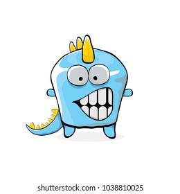 vector funny cartoon cute blue monster dinosaur isolated on white background. Vector funny blue mascot dragon . Hand drawn Dino logo design template