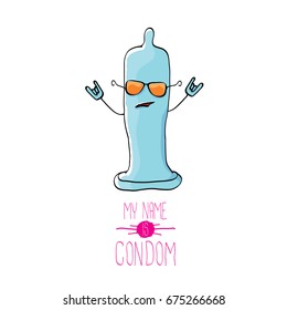 vector funny cartoon cute blue condom character isolated on white background. My name is condom. Concept safe sex and healthy life style