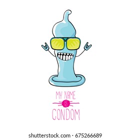 vector funny cartoon cute blue condom character isolated on white background. My name is condom. Concept safe sex and healthy life style