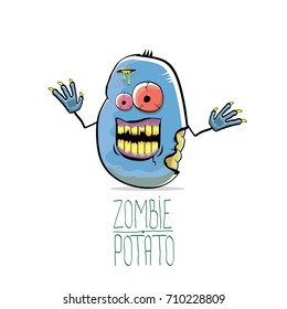 vector funny cartoon cute blue zombie potato isolated on white background. My name is zombie potato vector concept halloween background. monster vegetable funky character