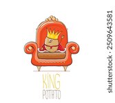 vector funny cartoon cute brown smiling king potato with golden royal crown and red mantle or cape sitting on orange throne isolated on white background. vegetable funky food drawn character