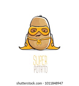 vector funny cartoon cute brown super hero potato with orange hero cape and hero mask isolated on white background. My name is potato vector concept. super funky vegetable food  character