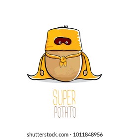 vector funny cartoon cute brown super hero potato with orange hero cape and hero mask isolated on white background. My name is potato vector concept. super funky vegetable food  character