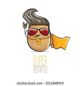 vector funny cartoon cute brown super hero potato with orange hero cape and hero mask isolated on white background. My name is potato vector concept. super funky vegetable food  character