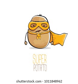 vector funny cartoon cute brown super hero potato with orange hero cape and hero mask isolated on white background. My name is potato vector concept. super funky vegetable food  character