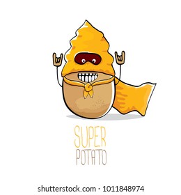 vector funny cartoon cute brown super hero potato with orange hero cape and hero mask isolated on white background. My name is potato vector concept. super funky vegetable food  character