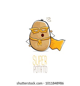 vector funny cartoon cute brown super hero potato with orange hero cape and hero mask isolated on white background. My name is potato vector concept. super funky vegetable food  character