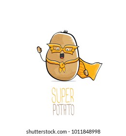 vector funny cartoon cute brown super hero potato with orange hero cape and hero mask isolated on white background. My name is potato vector concept. super funky vegetable food  character