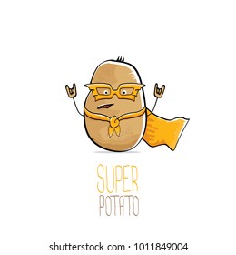 vector funny cartoon cute brown super hero potato with orange hero cape and hero mask isolated on white background. My name is potato vector concept. super funky vegetable food  character