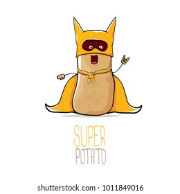 vector funny cartoon cute brown super hero potato with orange hero cape and hero mask isolated on white background. My name is potato vector concept. super funky vegetable food  character