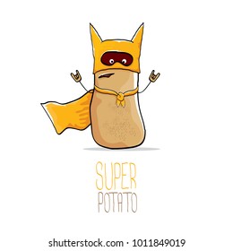 vector funny cartoon cute brown super hero potato with orange hero cape and hero mask isolated on white background. My name is potato vector concept. super funky vegetable food  character