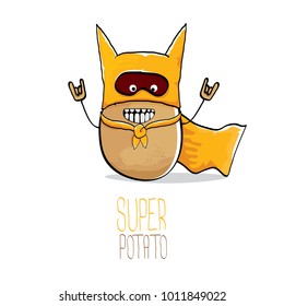 vector funny cartoon cute brown super hero potato with orange hero cape and hero mask isolated on white background. My name is potato vector concept. super funky vegetable food  character