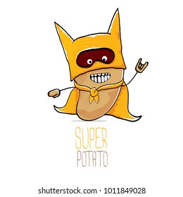 vector funny cartoon cute brown super hero potato with orange hero cape and hero mask isolated on white background. My name is potato vector concept. super funky vegetable food  character