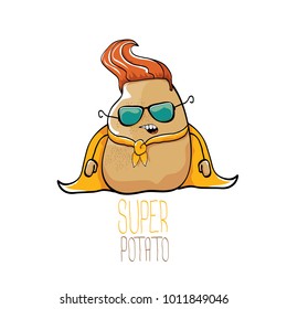 vector funny cartoon cute brown super hero potato with orange hero cape and sunglasses isolated on white background. My name is potato vector concept. super funky vegetable food  character