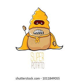 vector funny cartoon cute brown super hero potato with orange hero cape and hero mask isolated on white background. My name is potato vector concept. super funky vegetable food  character