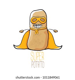 vector funny cartoon cute brown super hero potato with orange hero cape and hero mask isolated on white background. My name is potato vector concept. super funky vegetable food  character