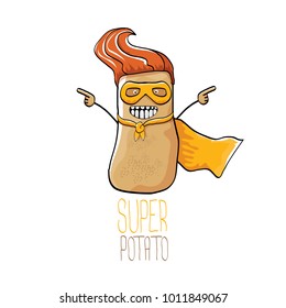 vector funny cartoon cute brown super hero potato with orange hero cape and hero mask isolated on white background. My name is potato vector concept. super funky vegetable food  character