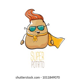 vector funny cartoon cute brown super hero potato with orange hero cape and sunglasses isolated on white background. My name is potato vector concept. super funky vegetable food  character
