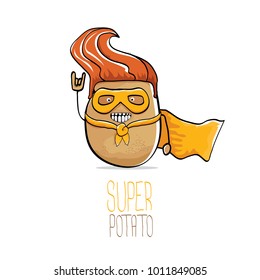 vector funny cartoon cute brown super hero potato with orange hero cape and hero mask isolated on white background. My name is potato vector concept. super funky vegetable food  character