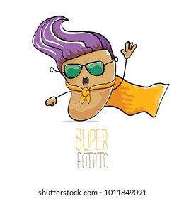 vector funny cartoon cute brown super hero potato with orange hero cape and sunglasses isolated on white background. My name is potato vector concept. super funky vegetable food  character