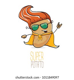 Vektorkomischer Cartoon süße braune Superhero-Kartoffel mit orangefarbenem Heldenkap und Sonnenbrille einzeln auf weißem Hintergrund. Ich heiße Kartoffelvektorkonzept. super-trendiger Gemüsecharakter