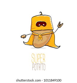 vector funny cartoon cute brown super hero potato with orange hero cape and hero mask isolated on white background. My name is potato vector concept. super funky vegetable food  character