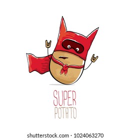vector funny cartoon cute brown super hero potato with red hero cape and hero mask isolated on white background. My name is potato vector concept. super vegetable funky character
