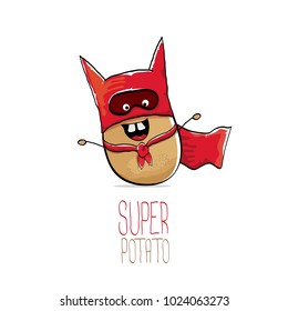 vector funny cartoon cute brown super hero potato with red hero cape and hero mask isolated on white background. My name is potato vector concept. super vegetable funky character