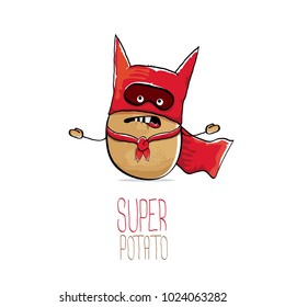 vector funny cartoon cute brown super hero potato with red hero cape and hero mask isolated on white background. My name is potato vector concept. super vegetable funky character