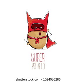 vector funny cartoon cute brown super hero potato with red hero cape and hero mask isolated on white background. My name is potato vector concept. super vegetable funky character