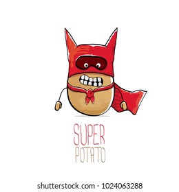 vector funny cartoon cute brown super hero potato with red hero cape and hero mask isolated on white background. My name is potato vector concept. super vegetable funky character
