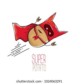 vector funny cartoon cute brown flying super hero potato with red hero cape and hero mask isolated on white background. My name is potato vector concept. super vegetable funky character