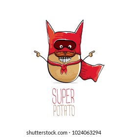 vector funny cartoon cute brown super hero potato with red hero cape and hero mask isolated on white background. My name is potato vector concept. super vegetable funky character