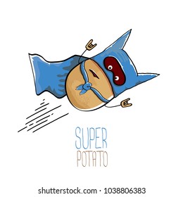 vector funny cartoon cute brown super hero potato with blue hero cape and mask isolated on white background. My name is potato vector concept. super funky vegetable food character