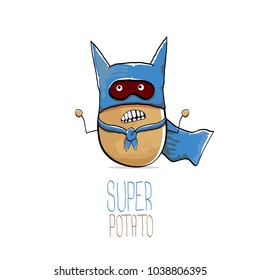 vector funny cartoon cute brown super hero potato with blue hero cape and mask isolated on white background. My name is potato vector concept. super funky vegetable food character