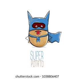 vector funny cartoon cute brown super hero potato with blue hero cape and mask isolated on white background. My name is potato vector concept. super funky vegetable food character