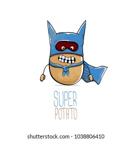 vector funny cartoon cute brown super hero potato with blue hero cape and mask isolated on white background. My name is potato vector concept. super funky vegetable food character
