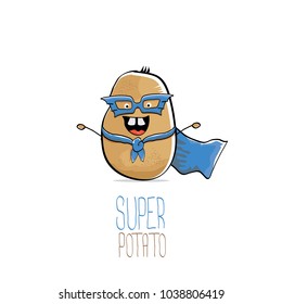 vector funny cartoon cute brown super hero potato with blue hero cape and mask isolated on white background. My name is potato vector concept. super funky vegetable food character