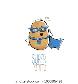 vector funny cartoon cute brown super hero potato with blue hero cape and mask isolated on white background. My name is potato vector concept. super funky vegetable food character