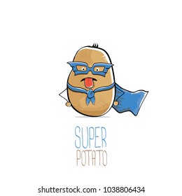 vector funny cartoon cute brown super hero potato with blue hero cape and mask isolated on white background. My name is potato vector concept. super funky vegetable food character