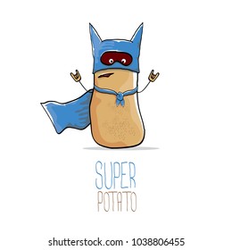 vector funny cartoon cute brown super hero potato with blue hero cape and mask isolated on white background. My name is potato vector concept. super funky vegetable food character