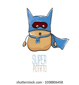 vector funny cartoon cute brown super hero potato with blue hero cape and mask isolated on white background. My name is potato vector concept. super funky vegetable food character