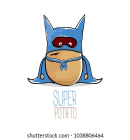 vector funny cartoon cute brown super hero potato with blue hero cape and mask isolated on white background. My name is potato vector concept. super funky vegetable food character