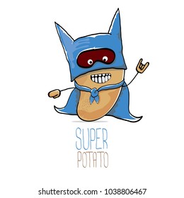 vector funny cartoon cute brown super hero potato with blue hero cape and mask isolated on white background. My name is potato vector concept. super funky vegetable food character